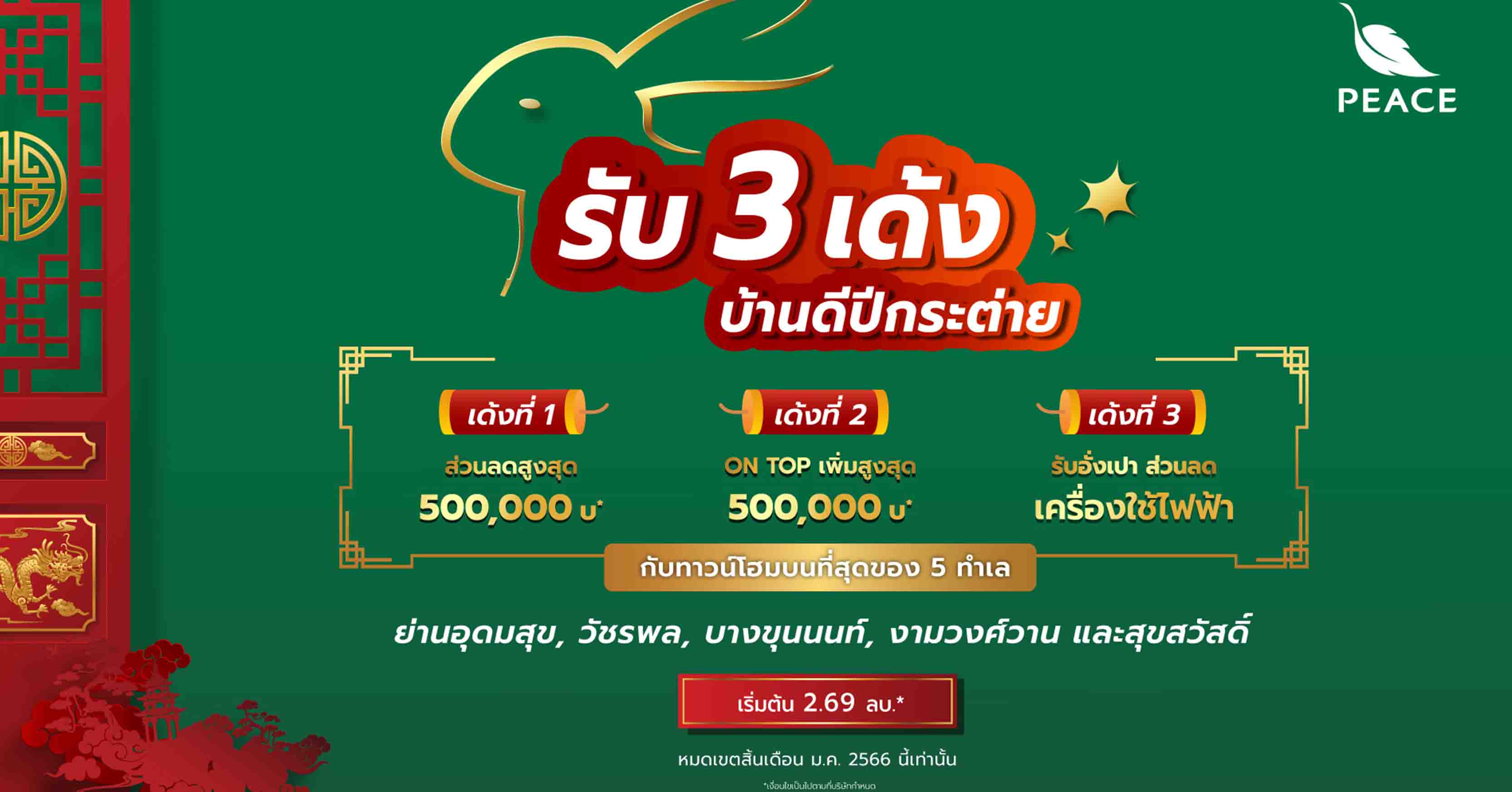 “พีซแอนด์ลีฟวิ่ง” เชื่อมั่นอสังหาริมทรัพย์ปีกระต่ายสดใส รับอานิสงค์จีนเปิดประเทศ  ส่งโปรโมชันสุดพิเศษ เฮง ๆ รับสูงสุด 3 เด้ง กับ 5 โครงการทำเลทอง ในราคาพิเศษเริ่มต้นที่ 2.69 ล้านบาท* 