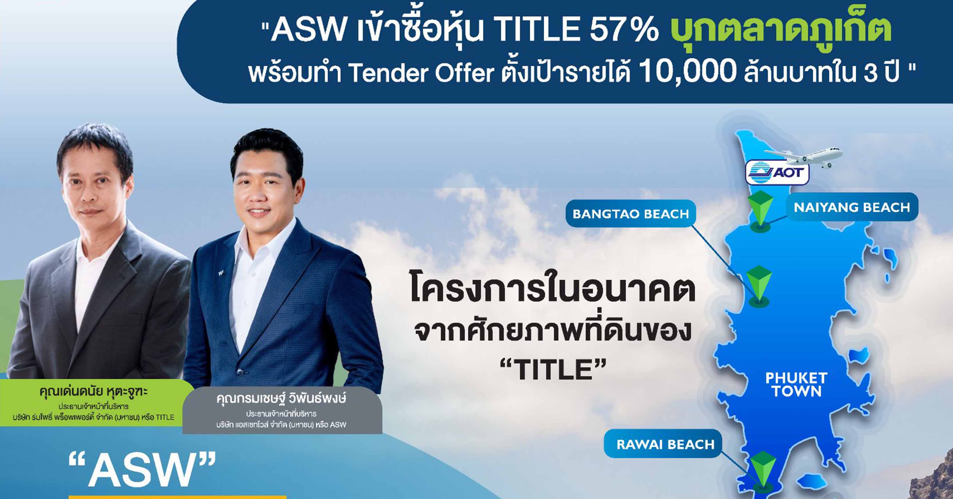 ‘ASW’ เข้าซื้อหุ้น ‘TITLE’ 57% บุกตลาดอสังหาฯ ภูเก็ตเต็มสูบ  ขยายฐานตลาดสู่หัวเมืองหลักท่องเที่ยว ตั้งเป้ารายได้แตะ 10,000 ล้านบาทใน 3 ปี