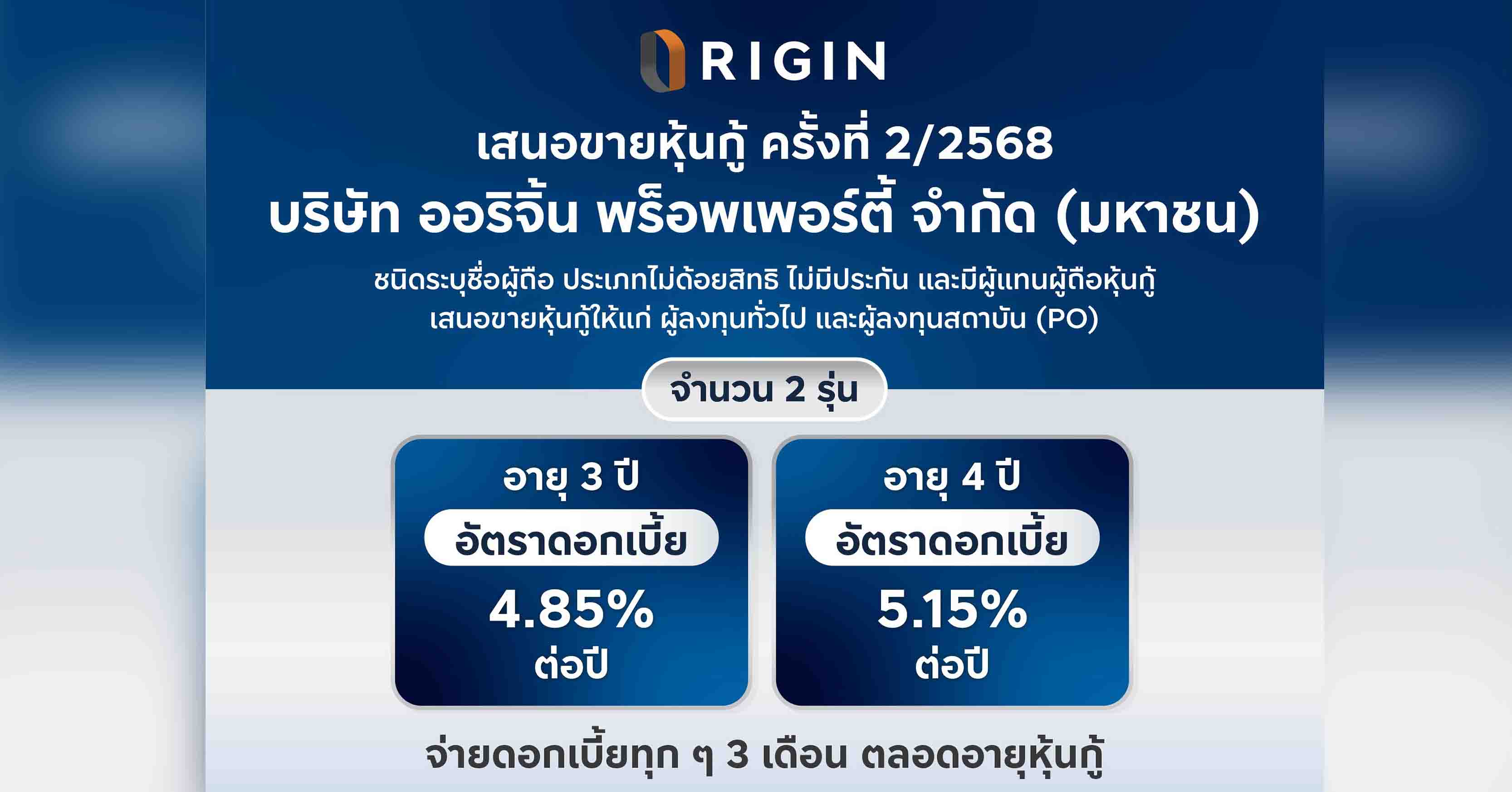 ORI เดินหน้าขับเคลื่อนแผนธุรกิจปี 68 พร้อมเสนอขายหุ้นกู้ล็อตใหม่ 2 รุ่น ชูดอกเบี้ย 4.85-5.15% ต่อปี ระหว่างวันที่ 1-3 เม.ย.นี้ 