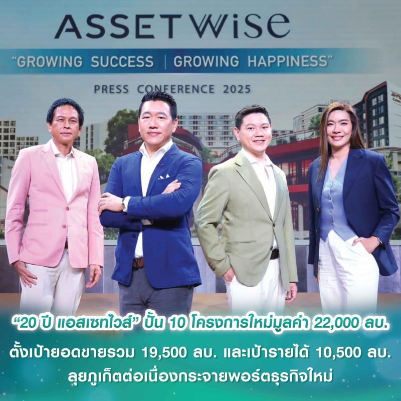 “20 ปี แอสเซทไวส์” โชว์กลยุทธ์ “Growing Success, Growing Happiness” ปั้น 10 โครงการใหม่มูลค่า 22,000 ล้านบาท ตั้งเป้ายอดขายรวม 19,500 ล้านบาท และเป้ารายได้ 10,500 ล้านบาท