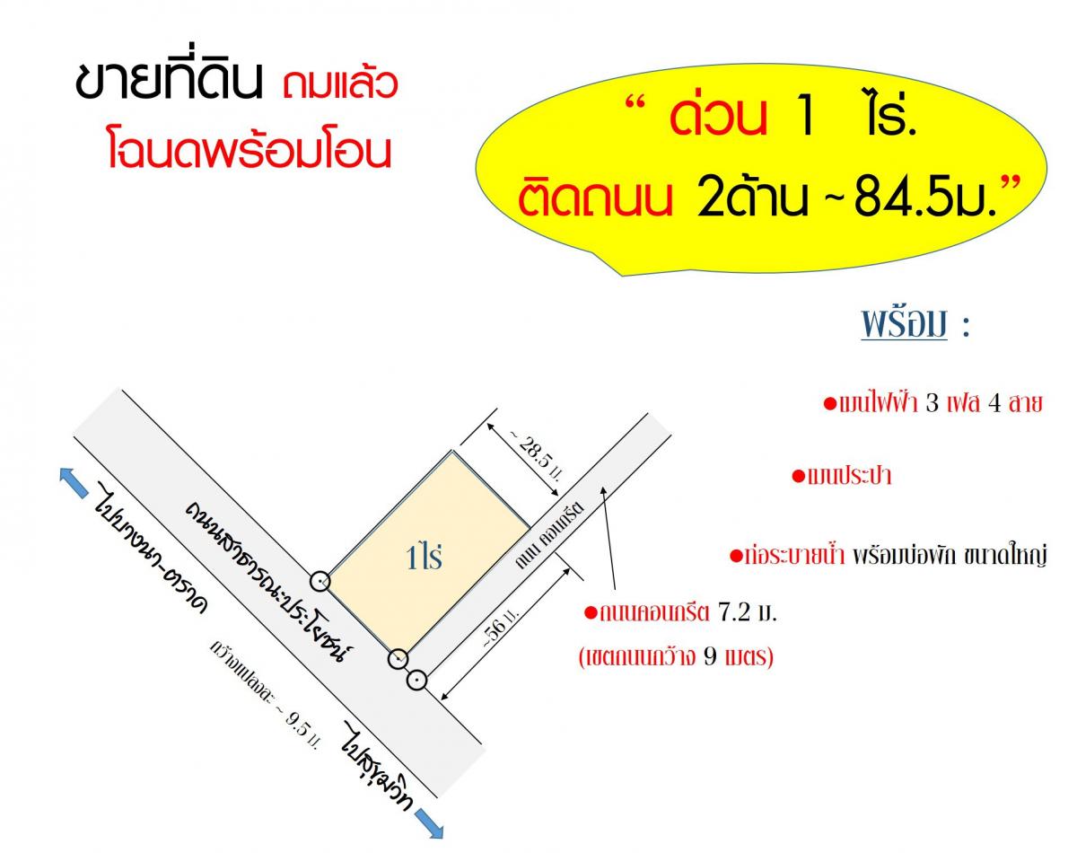 For SaleLandChachoengsao : Land for sale, 1 rai, filled up, next to the road on 2 sides, 84.5 m. Very beautiful, near Bang Pakong Phromthep Rangsan Subdistrict Municipality.