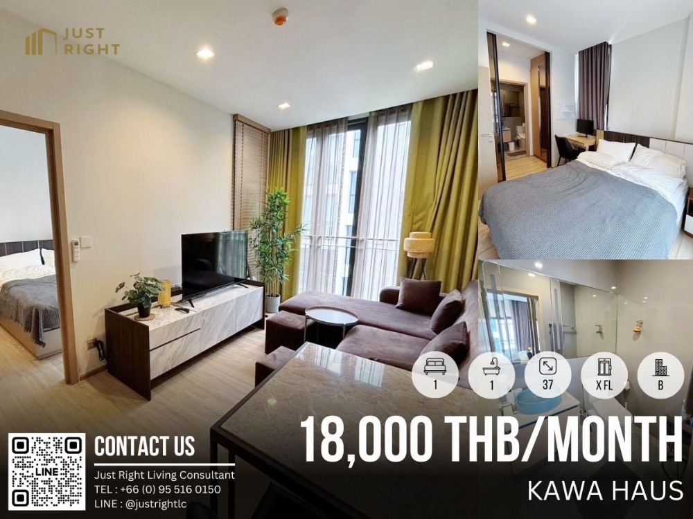 For RentCondoOnnut, Udomsuk : For rent, Kawa Haus, 1 bedroom, 1 bathroom, size 37 sq.m, x Floor, B Tower, fully furnished, only 18,000/m, 1 year contract only.