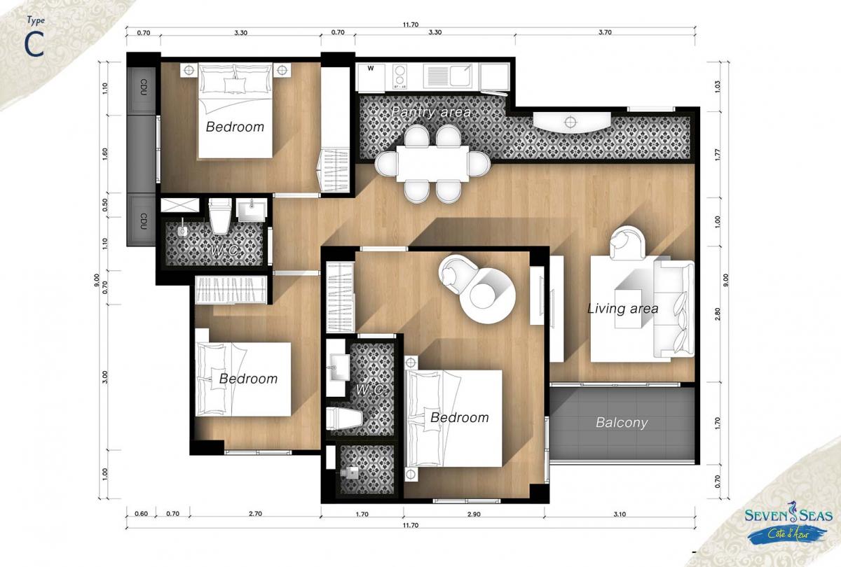 ขายคอนโด : ห้องติดสระ3นอน ขายถูก (91xxx/sqm) Seven Seas Cote D'Azur จอมเทียน ห้อง Pool Access เดินลงสระ