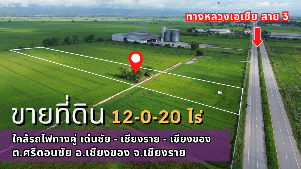 ขายที่ดินเชียงราย : ขายด่วน ที่ดิน 12-0-20 ไร่ ติด ถ.เอเชียสาย 3 ใกล้ด่านเชียงของ พื้นที่สีม่วง เหมาะทำโรงงาน อ.เชียงของ จ.เชียงรายสาย