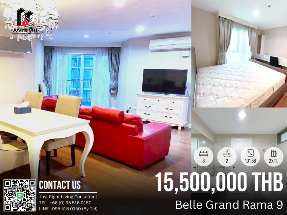 For SaleCondoRama9, Petchburi, RCA : For sell, Belle Grand Rama 9, 3 bedroom, 2 bathroom, size 101.56 sq.m, Floor 2x, C2 Tower, Fully furnished, 15.5 MB