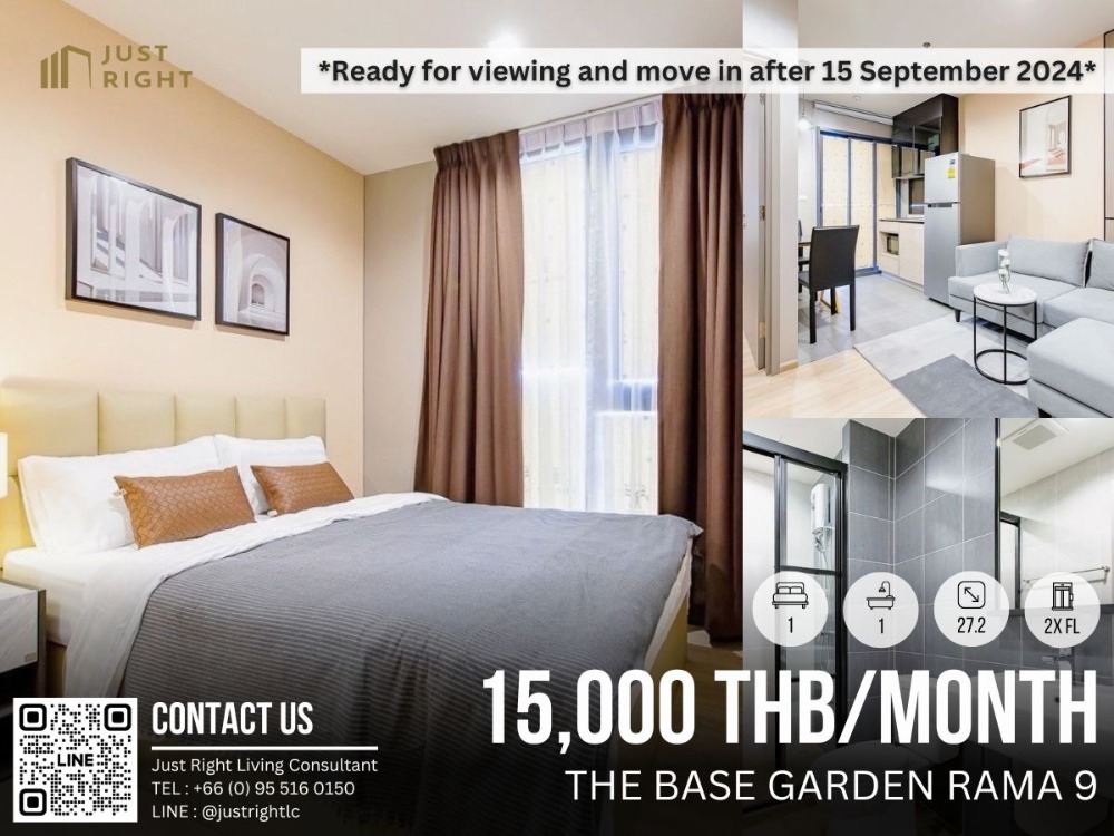 For RentCondoRama9, Petchburi, RCA : For rent, The Base Garden Rama 9, 1 bedroom, 1 bathroom, size 27.2 sq.m, Floor 2x, Fully furnished, only 15,000/m, 1 year contract only. | *Ready for viewing and move in after 15/9/24*