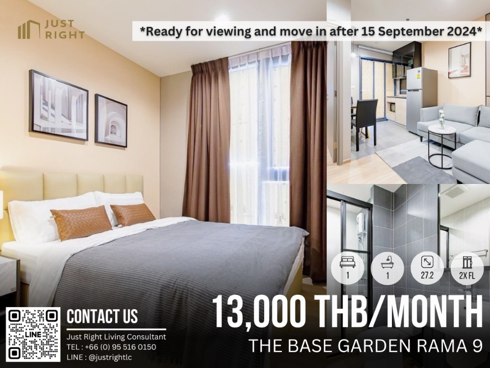 For RentCondoRama9, Petchburi, RCA : For rent, The Base Garden Rama 9, 1 bedroom, 1 bathroom, size 27.2 sq.m, Floor 2x, Fully furnished, only 13,000/m, 1 year contract only. | *Ready for viewing and move in after 15/9/24*