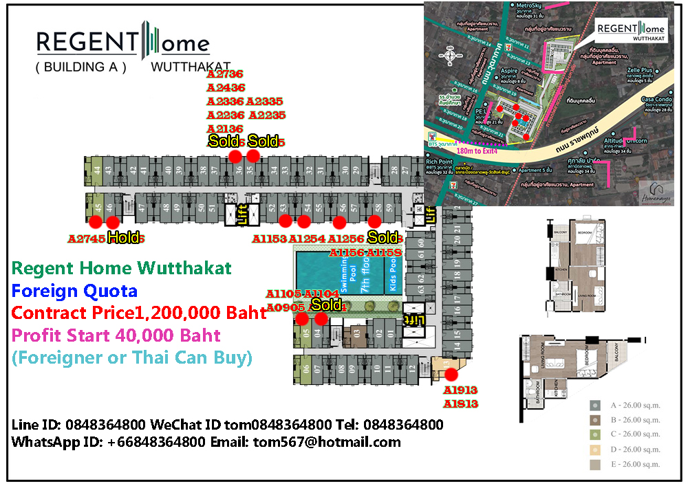 ขายดาวน์คอนโดท่าพระ ตลาดพลู วุฒากาศ : (Foreigner Quota) Building A  Regent Home Wutthakat 180m. to BTS Wutthakat