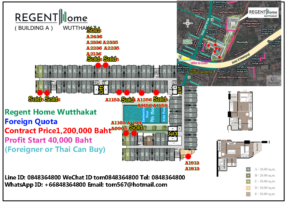 Sale DownCondoThaphra, Talat Phlu, Wutthakat : (Foreigner Quota) Building A, face north, high floor, corner room with pool view