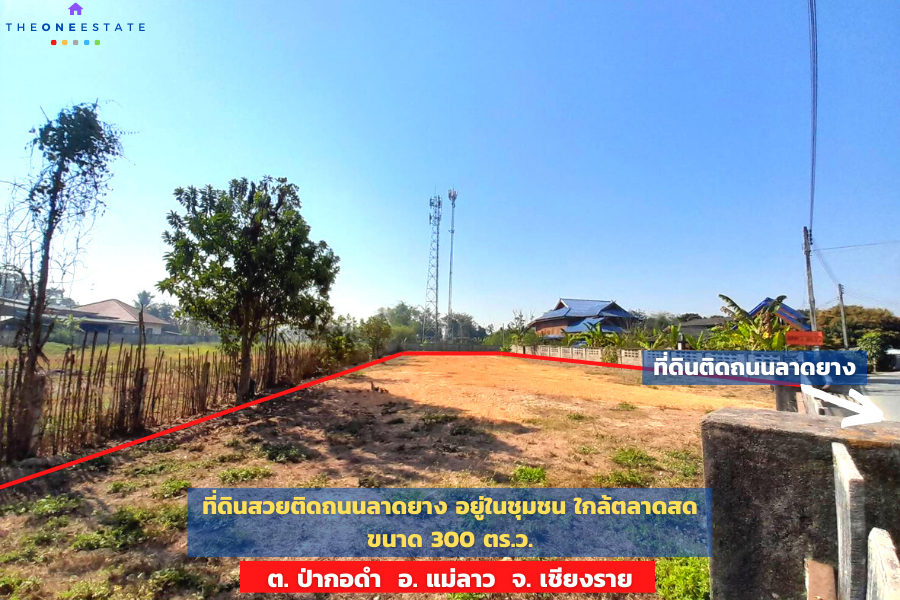 ขายที่ดินเชียงราย : 📣 ที่ดินเปล่าสวยมาก 300 ตร.ว. ใกล้แหล่งความเจริญ ติดถนนลาดยางใหม่เอี่ยม อยู่ในชุมชนเจริญ ใกล้ตลาดสด, ป้อมตำรวจ, 7-11, โลตัส, วัดบุญเรือง วัดร่องขุ่น ทั้งหมดเพียง 1 นาที  ต. ป่าก่อดำ อ. แม่ลาว จ. เชียงราย The Best !