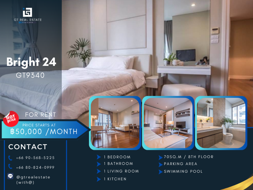 For RentCondoSukhumvit, Asoke, Thonglor : Special price For rent ✨ Bright24✨ 1bed only 5 room highlight left, ready to move in🔥