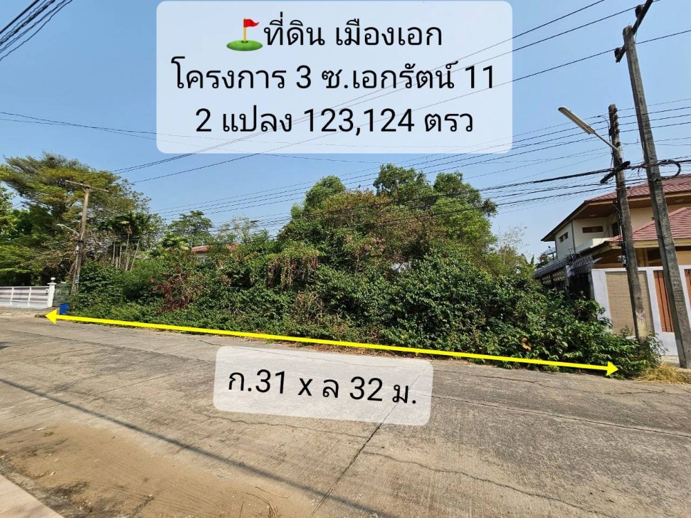 ขายที่ดินปทุมธานี รังสิต ธรรมศาสตร์ : ที่ดินเปล่า เมืองเอก (โครงการ 3) 2 แปลงติดกัน พื้นที่ 123, 124 ตร.ว เหมาะสร้างที่พักอาศัย แปลงสวย บรรยากาศเงียบ สงบ ทำเลดี เดินทางสะดวก