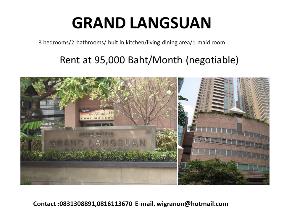 For RentCondoWitthayu, Chidlom, Langsuan, Ploenchit : Grand Langsuan room for rent, 3 bedrooms, 2 bathrooms, price 95000 baht.