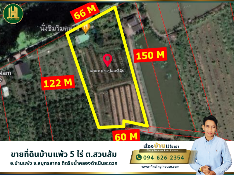 For SaleLandMahachai Samut Sakhon : Land for sale in Ban Phaeo, 5 rai, Suan Som Subdistrict, Ban Phaeo District, Samut Sakhon Province, next to Damnoen Saduak Canal waterfront