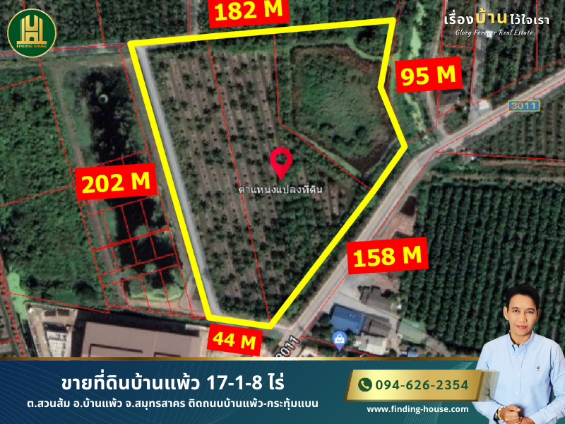 For SaleLandMahachai Samut Sakhon : Land for sale in Ban Phaeo, 17-1-8 Rai, Suan Som Subdistrict, Ban Phaeo District, Samut Sakhon Province, next to Ban Phaeo-Kratum Baen Road.