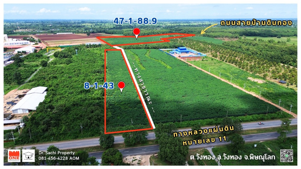 ขายที่ดินพิษณุโลก : ขายที่ดินสวยแปลงใหญ่ 55-3-32 ไร่ ติดถนน ทล.11 เส้นวังทอง-สากเหล็ก ใกล้โรงงานและชุมชน อ.วังทอง จ.พิษณุโลก