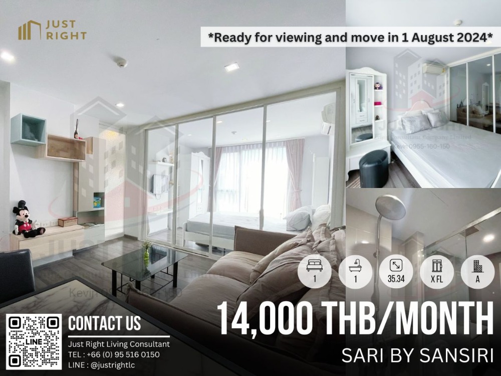 For RentCondoOnnut, Udomsuk : For rent, Sari by Sansiri, 1 bedroom, 1 bathroom, size 35.34 sq.m, Floor x, Fully furnished, only 14,000/m, 1 year contract only.| *Ready for viewing and move in after 1/8/24*