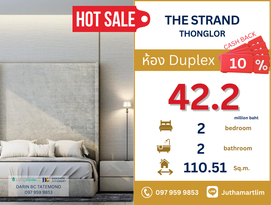 For SaleCondoSukhumvit, Asoke, Thonglor : 🔥 Luxury condo in the heart of Thonglor 🔥 The Strand Thonglor Duplex, size 111.51 sq m, SW