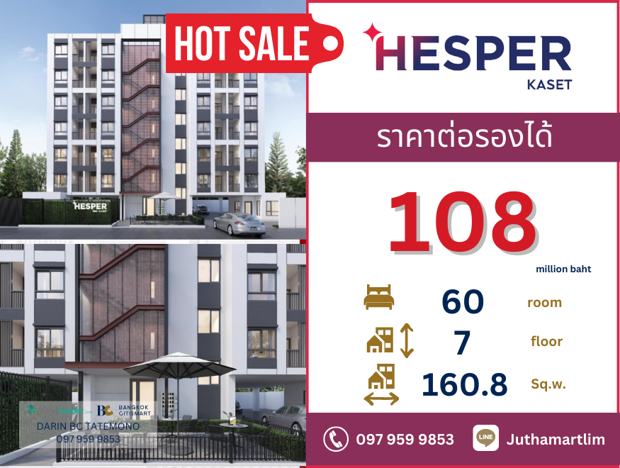 For SaleBusinesses for saleKasetsart, Ratchayothin : 🔥This months price only🔥 Hesper Red Kaset, low rise condo, buy for rent, 60 rooms, yield 5-6%, golden location