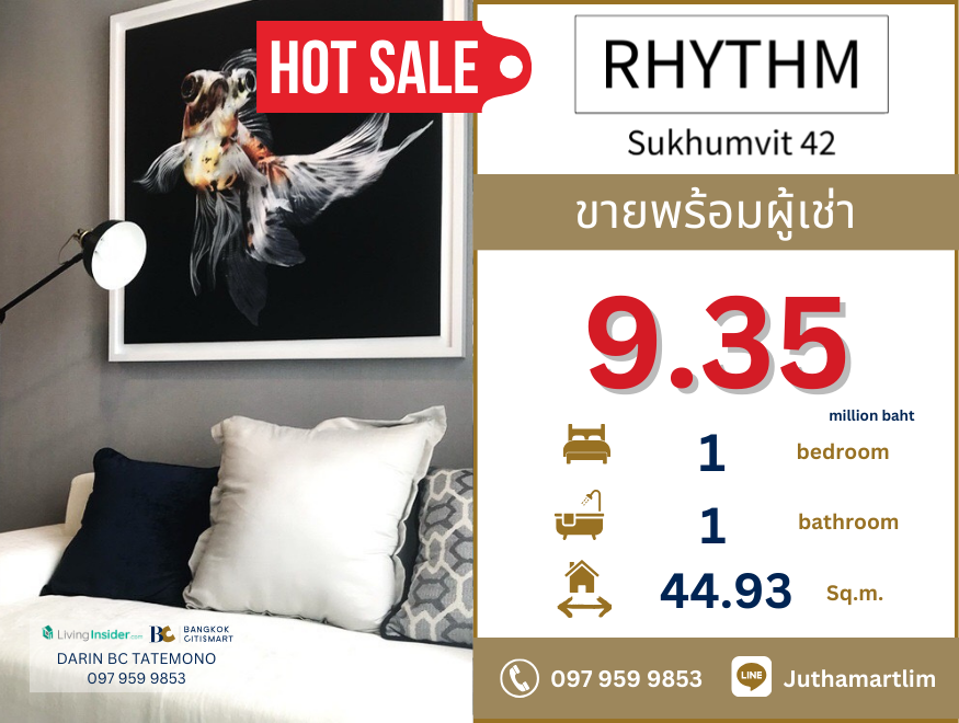 ขายคอนโดสุขุมวิท อโศก ทองหล่อ : 🔥ขายพร้อมผู้เช่าญี่ปุ่น🔥 RHYTHM Sukhumvit 42 ห้องนอน 1 ห้องน้ำ ชั้น 32 วิวสวย ขนาด 44.93 ตร.ม. ราคา 9.35 ล้านบาท 097 959 9853