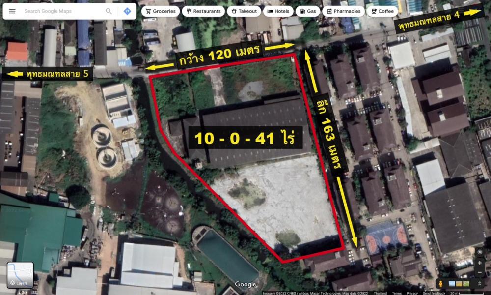 For SaleLandPhutthamonthon, Salaya : Land for sale, 10 rai 41 sq.wa Phutthamonthon Sai 5 with factory near the main road, Rai Khing Krathum Lom Tha Kham Om Noi Aom Yai Sampran