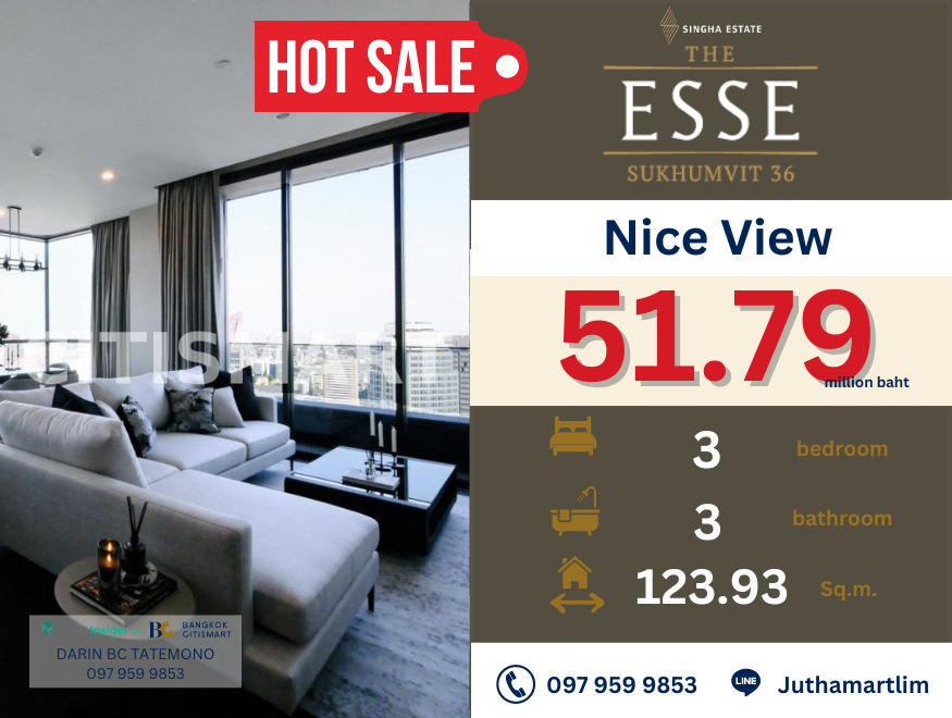 For SaleCondoSukhumvit, Asoke, Thonglor : 🔥 Fully furnished 🔥 The Esse Sukhumvit 36 ​​| 3 bedrooms 3 bathrooms 123.93 sq.m. 37 th Floor Price: 51,790,000 baht