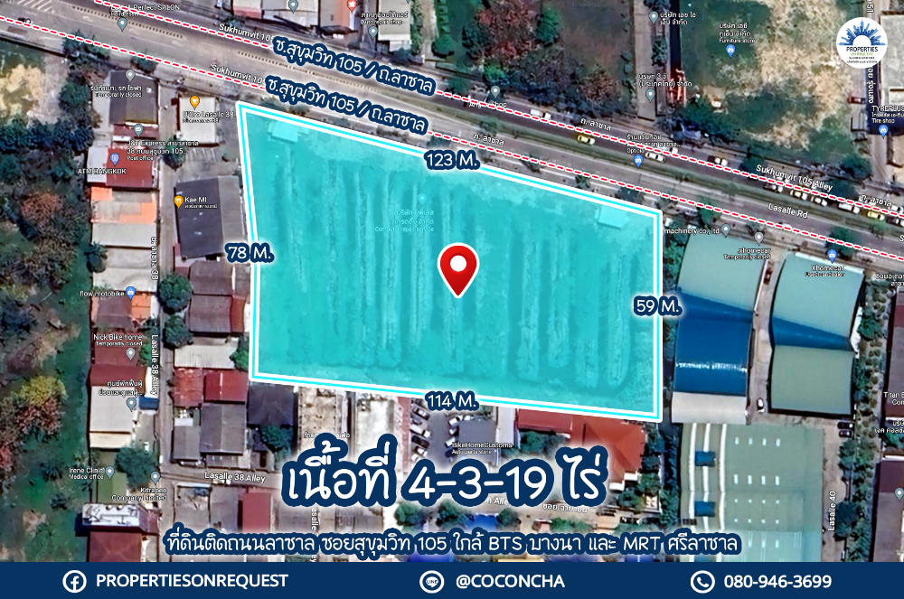 For SaleLandBangna, Bearing, Lasalle : 📢 Orange plot land for sale. Next to Sukhumvit Road 105, Soi Lasalle, near BTS Bearing Station, able to build tall buildings. Near the community Hospital-International school-Convenience store-Department store (area 4-3-19 rai) 📌(Property number: COL354)