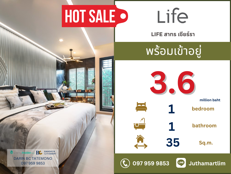 ขายคอนโดท่าพระ ตลาดพลู วุฒากาศ : 🔥ซื้อตรงกับโครงการ🔥 Life Sathorn Sierra 1 ห้องนอน 1 ห้องน้ำ 1 ห้องเอนกประสงค์ 35.55 ตารางเมตร ชั้น 12A ทิศเหนือ ราคา 3.6 ล้านบาท  ติดต่อ 097 959 9853