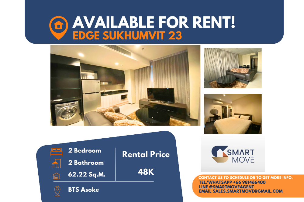 For RentCondoSukhumvit, Asoke, Thonglor : Code C20221207488....Edge Sukhumvit 23 for rent, 2 bedroom, 2 bathroom, high floor, furnished, ready to move in