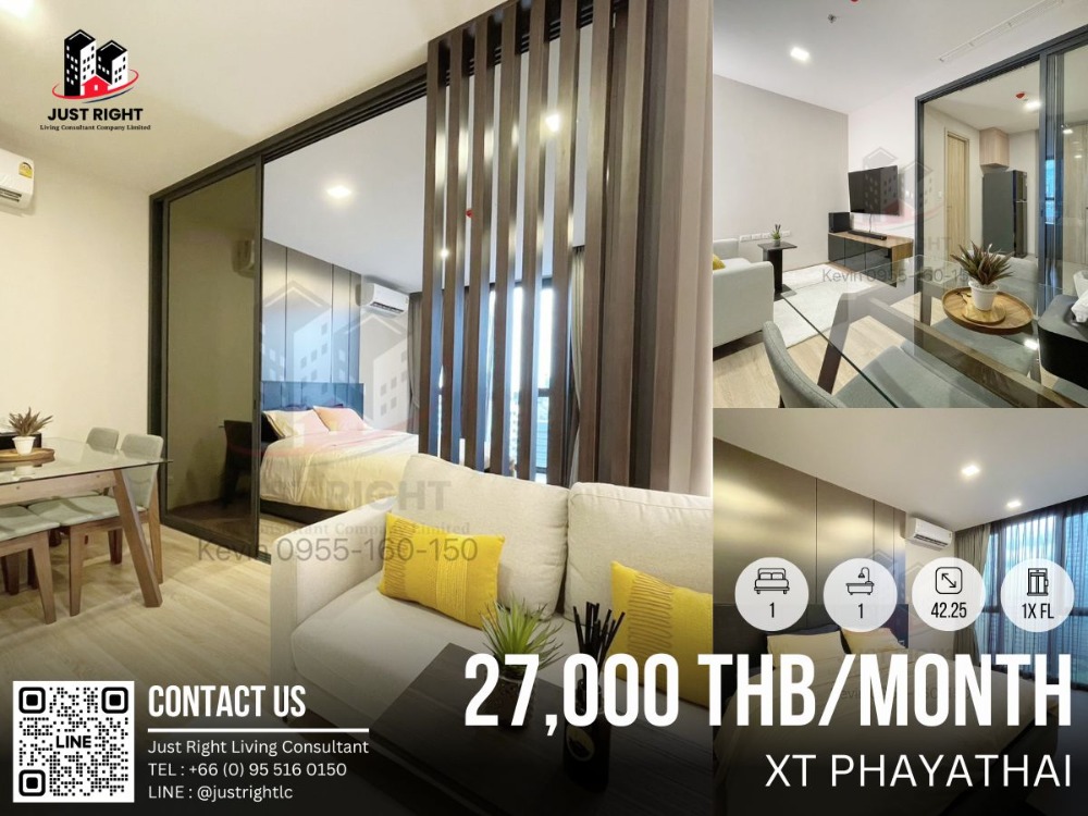 For RentCondoRatchathewi,Phayathai : For rent, XT Phayathai, 1 bedroom, 1 bathroom, size 42 sq.m, Floor 1x, Fully furnished, only 27,000/m, 1 year contract only.