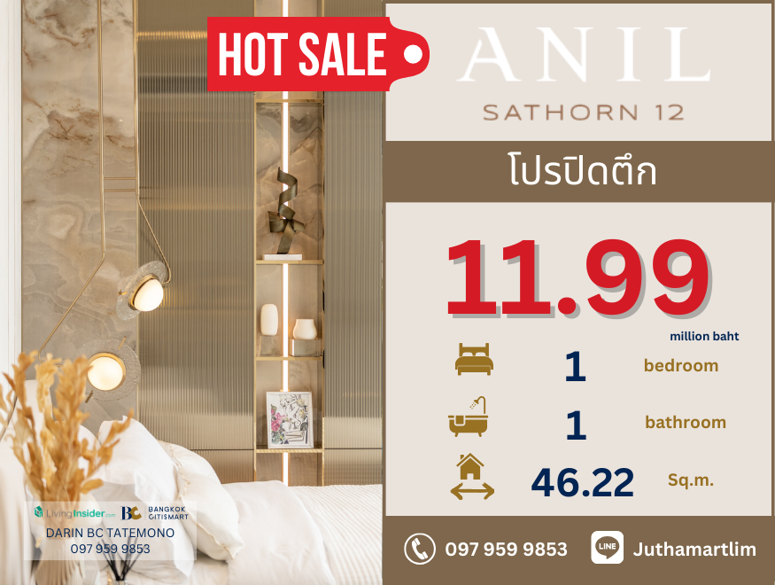 ขายคอนโดสาทร นราธิวาส : 🔥โปรปิดตึก🔥 Anil Sathorn 12 1 ห้องนอน 1 ห้องน้ำ 46.22 ตร.ม. ชั้น 18 ราคา 11,990,000 บาท ติดต่อ 0979599853