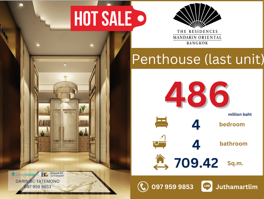 For SaleCondoWongwianyai, Charoennakor : 🔥 The last unit of Penthouse Duplex🔥 The Residences at Mandarin Oriental Bangkok 4 bedrooms 709.42 sq m. Floor 51 - 52 Price 486,000,000 baht Contact 0979599853