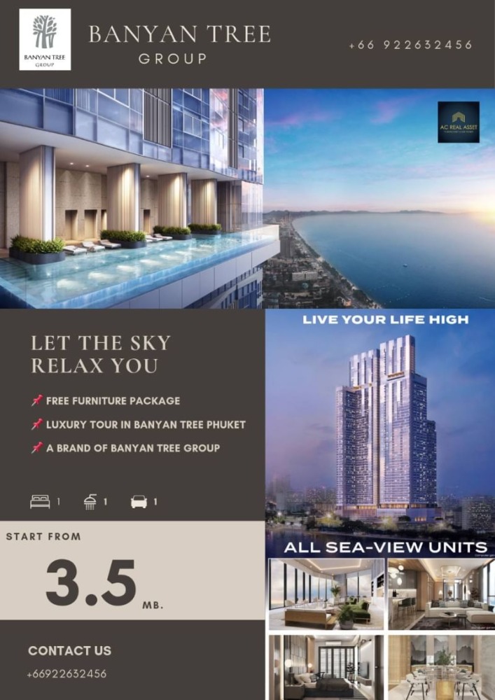 For SaleCondoPattaya, Bangsaen, Chonburi : Luxury brand Banyan tree group project only 200 meters to the beach Skypark Lucean jomtien pattaya