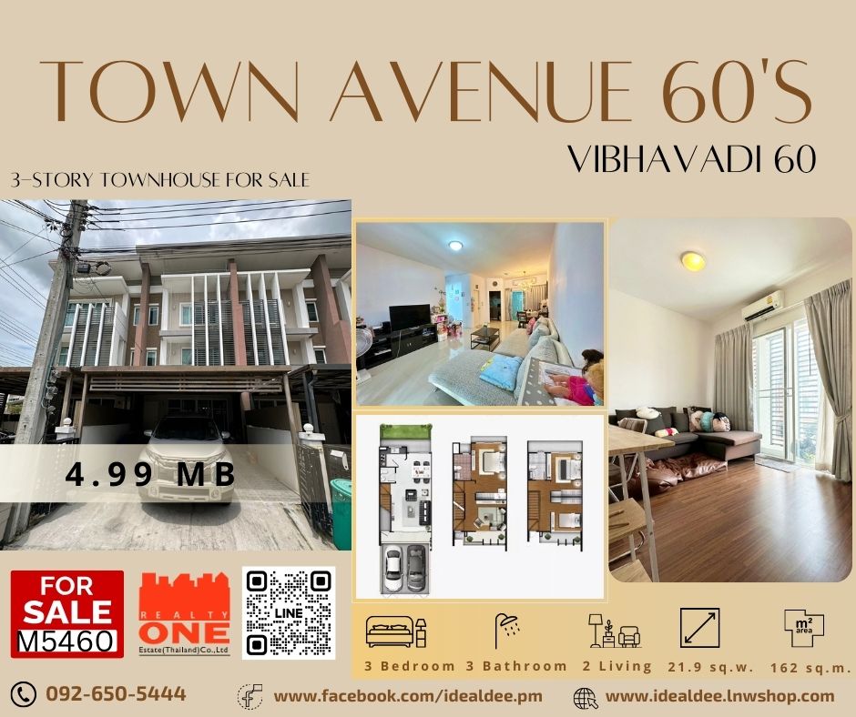 For SaleTownhouseVipawadee, Don Mueang, Lak Si : 3-story townhouse for sale, Town Avenue Sixty Vibhavadi 60 project, good location, convenient travel.