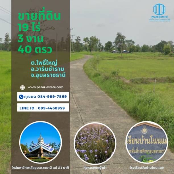 ขายที่ดินอุบลราชธานี : ขายที่ดิน 19 ไร่ 3 งาน 40 ตรว ติดถนนบ้านสร้างขุนศรี-บ้านไร่ ด้านหลังติดลำห้วยแดง ด้านหน้าติดถนนคอนกรีต เดินทางสะดวก ต.โพธิ์ใหญ่ อ.วารินชำราบ จ.อุบลราชธานี