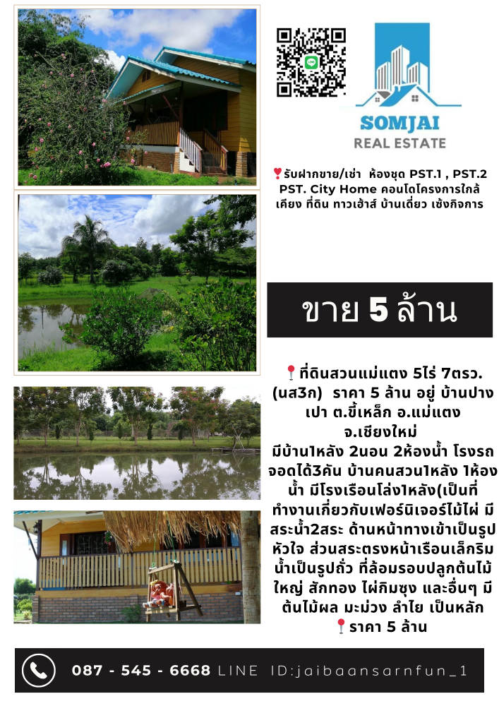 For SaleHouseChiang Mai : Urgent sale of land, house with fruit orchard, 5 rai, Mae Taeng District, Chiang Mai Province.