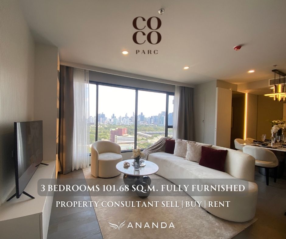 For SaleCondoKhlongtoei, Kluaynamthai : Luxury condo, fully furnished, free common areas for 5 years 🔥 COCO PARC Luxury Condo 0 meters MRT Khlong Toei, 3 bedrooms, width 101.68 sq m., full view of Ben Garden, ONLY 27.5 million baht.