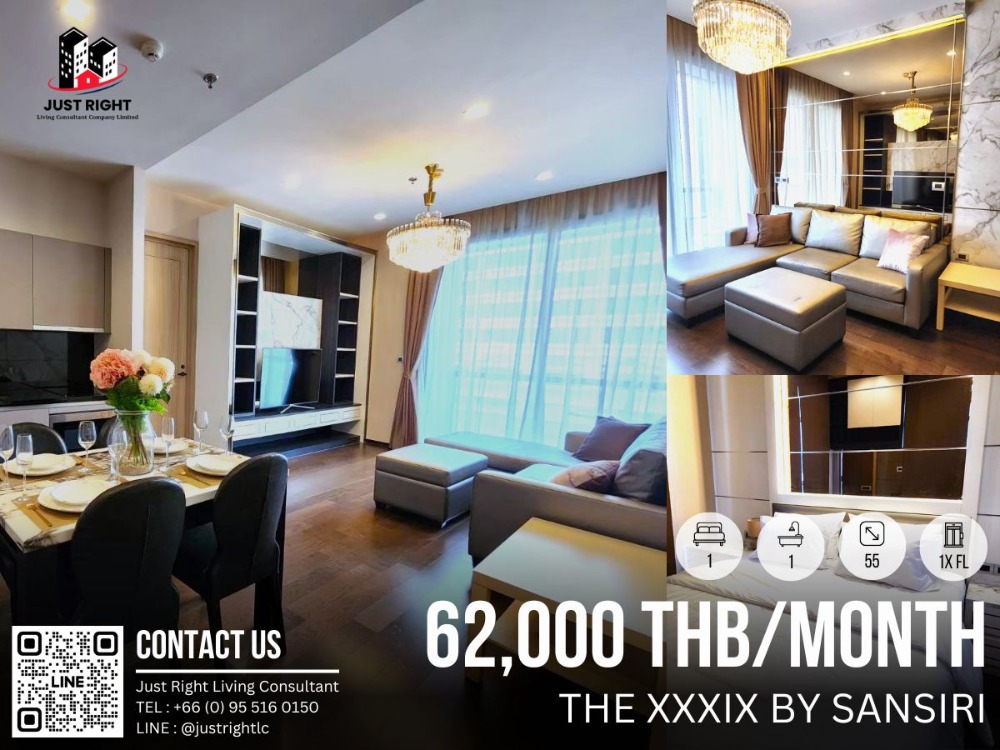 For RentCondoSukhumvit, Asoke, Thonglor : For Rent The Xxxix 1 Bed 1 Bath 55 Sqm. x Floor Fully Furnished 62,000 THB/month