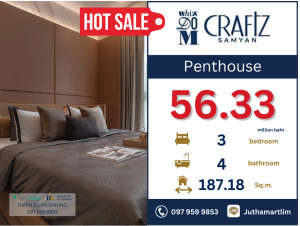 For SaleCondoSiam Paragon ,Chulalongkorn,Samyan : 🔥Buy directly to the project🔥 Whizdom Craftz Samyan, Penthouse format, 187.18 sq m, 53rd floor, price 56,333,000 baht, contact 0979599853