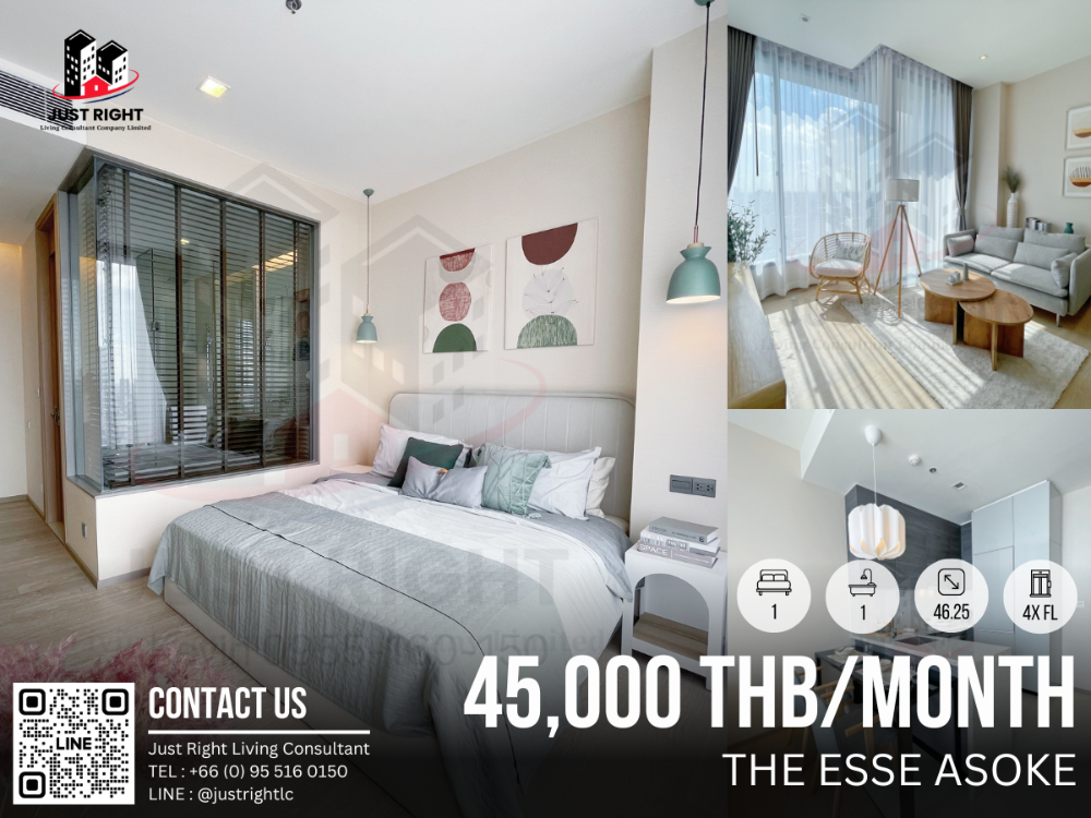 ให้เช่าคอนโดสุขุมวิท อโศก ทองหล่อ : ให้เช่า The Esse Asoke, 1 ห้องนอน 1 ห้องน้ำ ขนาด 46.25 ตร.ม ชั้น 4x เฟอร์ครบ วิวเมือง ตกแต่งพร้อมอยู่ เพียง 45,000 บาท/เดือน (สัญญา 1 ปีเท่านั้น)