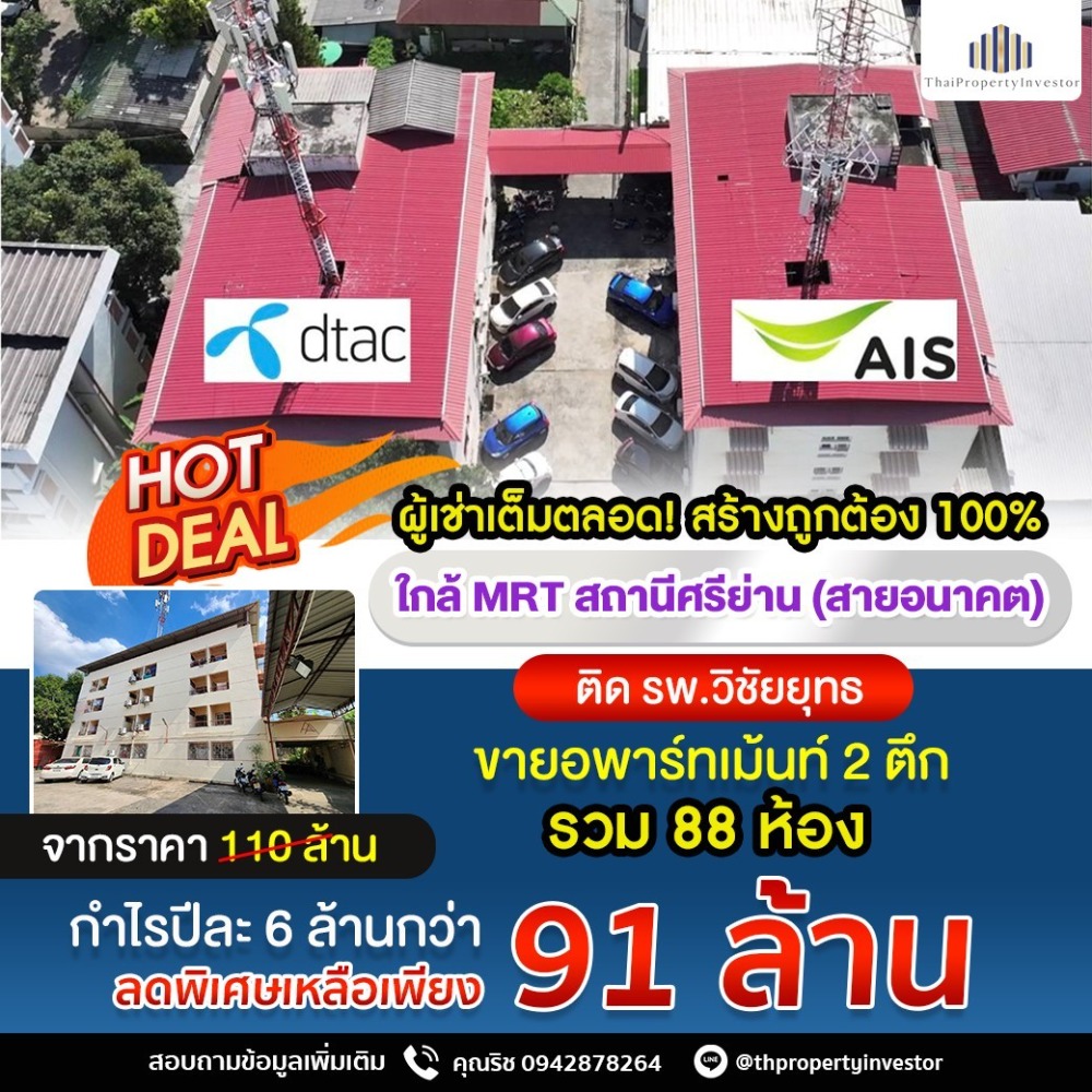 ขายขายเซ้งกิจการ (โรงแรม หอพัก อพาร์ตเมนต์)ราชเทวี พญาไท : สร้างถูกต้อง 100%! ทำเลเทพ ผู้เช่าเต็ม!! ขายอพาร์ทเม้นท์ 2 ตึก 88 ห้อง 310 ตร.วา ติดรพ.วิชัยยุทธ ตรงข้ามกระทรวงการคลัง ใกล้รถไฟฟ้าสายสีม่วงใต้