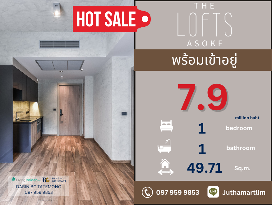 For SaleCondoSukhumvit, Asoke, Thonglor : 🔥Beautiful newly decorated room🔥 The Lofts Asoke 1 bedroom, 1 bathroom, 3rd floor, size 49.17 sq m. Price: 9,390,000 baht. Contact 097 959 9853.