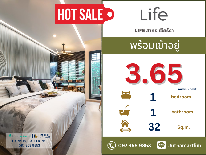 ขายคอนโดท่าพระ ตลาดพลู วุฒากาศ : 🔥ซื้อตรงกับโครงการ🔥 Life Sathorn Sierra 1 ห้องนอน 1 ห้องน้ำ ชั้น 16 ขนาด 32 ตร.ม. ราคา 3,658,000 บาท ติดต่อ 097 959 9853