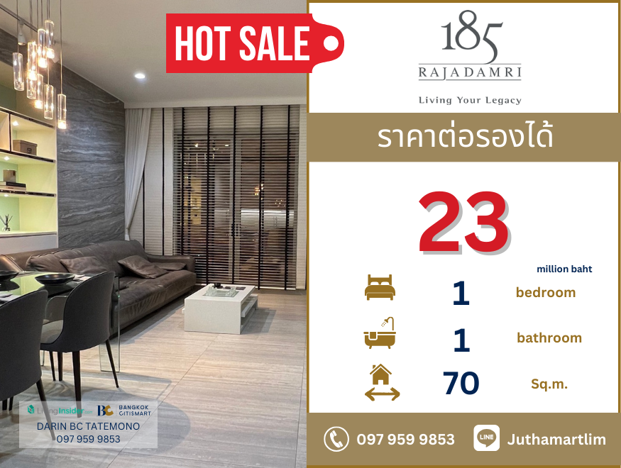 For SaleCondoWitthayu, Chidlom, Langsuan, Ploenchit : 🔥Negotiable price🔥 13th floor, size 70 sq m, 1 bedroom, 1 bathroom, price 23 million baht, contact 097-959-9853