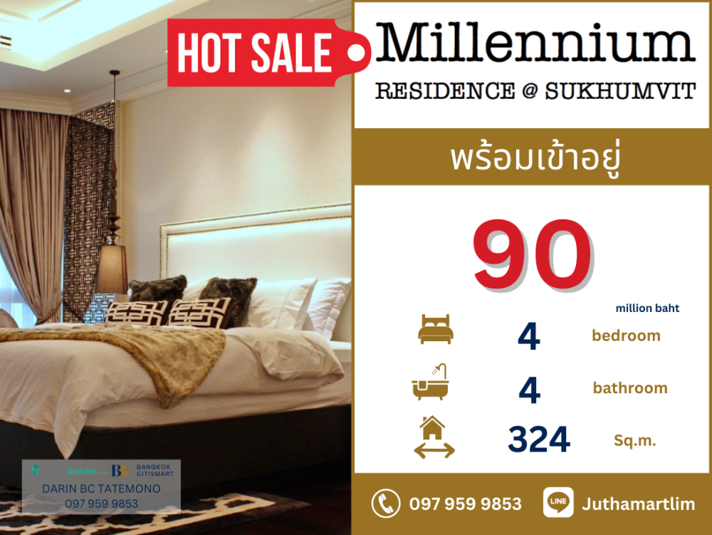 For SaleCondoSukhumvit, Asoke, Thonglor : 🔥Beautiful room, ready to move in🔥 Millenium Residence Penthouse, 4 bedrooms, 4 bathrooms, 324 square meters, 49th floor, garden view, price 90 million baht, contact 097 959 9853