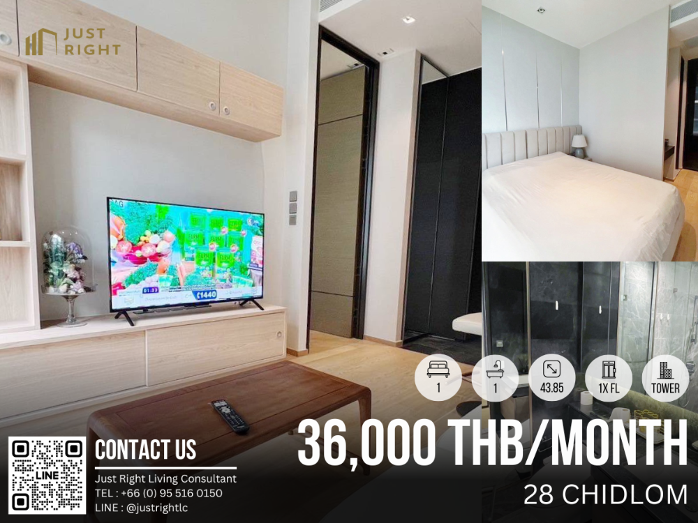 For RentCondoWitthayu, Chidlom, Langsuan, Ploenchit : For rent, 28 Chidlom, 1 bedroom, 1 bathroom, 43.85 sq m., 1x floor, beautifully decorated, fully furnished, ready to move in, only 36,000 baht/month, 1 year contract only.