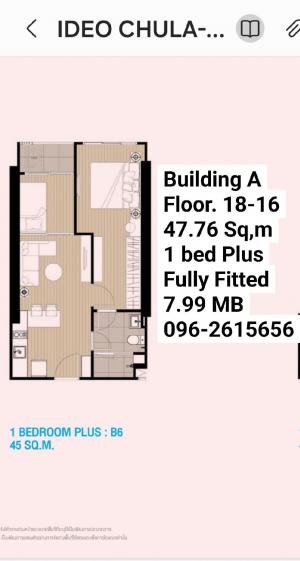 For SaleCondoSiam Paragon ,Chulalongkorn,Samyan : Ideo Chula-Samyan for Sale ขาย **  7,990,000 Baht call น้อง 096-2615656 ห้องกว้าง 47.76  1+1นอน 1 น้ำ เฟอร์ครบ พร้อมอยู่  Location : Samyan Chula Rental Price : 7,990,000 Baht Condominium near MRT :  Samyan Station Condominium Unit Size : 47.76 