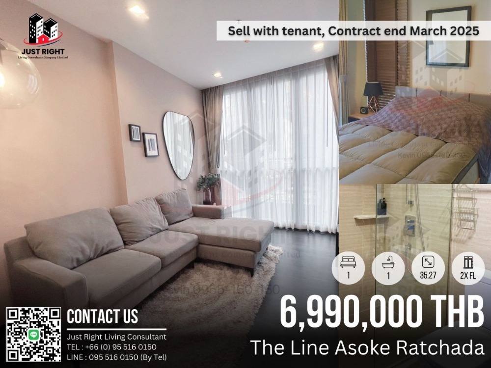 For SaleCondoRama9, Petchburi, RCA : For Sale The Line Asoke Ratchada 1 Beds 1 Bath 35.27 Sqm. Floor 2x Fully Furnished 6.99 MB, sell with tenent, contract end 03/2025.