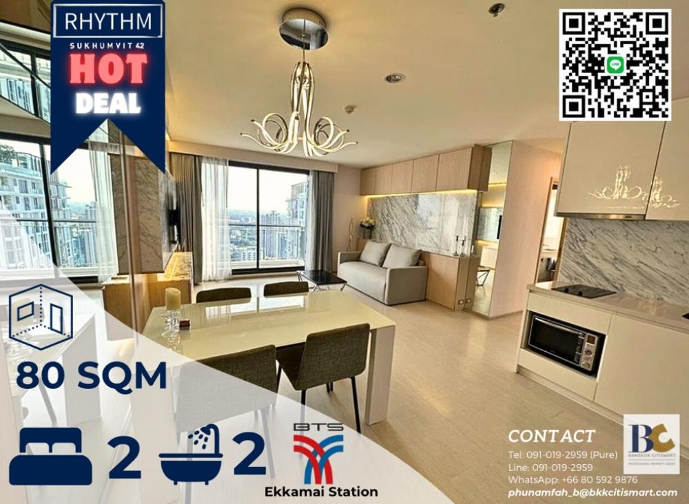 For SaleCondoSukhumvit, Asoke, Thonglor : 📍 Rent/Sale RHYTHM 42📍 High floor 30+, corner room, very beautifully decorated* Fully built-in , 2 bedrooms 2 bathrooms, 80 sq m., ready to move in, Rent 69,000/Month Sell price 19,800,000 baht.🔥