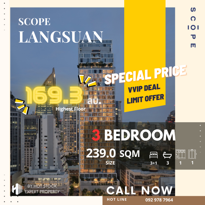 For SaleCondoWitthayu, Chidlom, Langsuan, Ploenchit : 🔥 𝙃𝙊𝙏 𝘿𝙀𝘼𝙇 𝙇𝘼𝙎𝙏 𝙐𝙉𝙄𝙏 🔥 3+1 bedrooms, 3 bathrooms, 1 dressing room 💥 𝗕𝗶𝗴 large room 239 sq m 💥 𝗦𝗽𝗲𝗰𝗶𝗮𝗹 𝗣𝗿𝗶𝗰𝗲 𝟏𝟔𝟗.𝟑 only 𝟏𝟔𝟗.𝟑 only 🔥